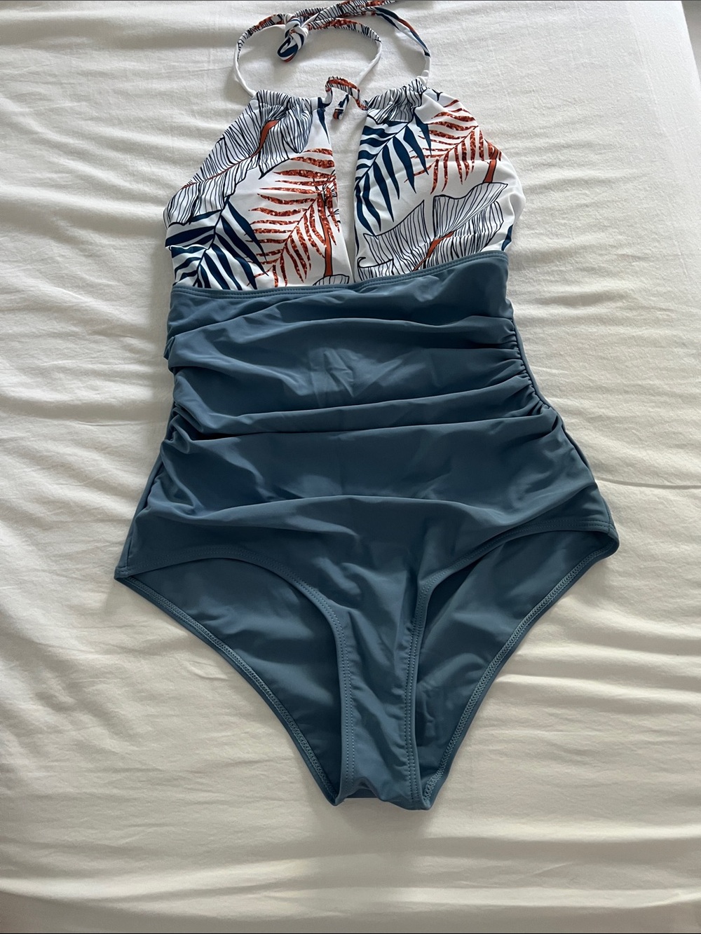 Classic Halter One-Piece Swimsuit in Slate Blue and Tropical Print